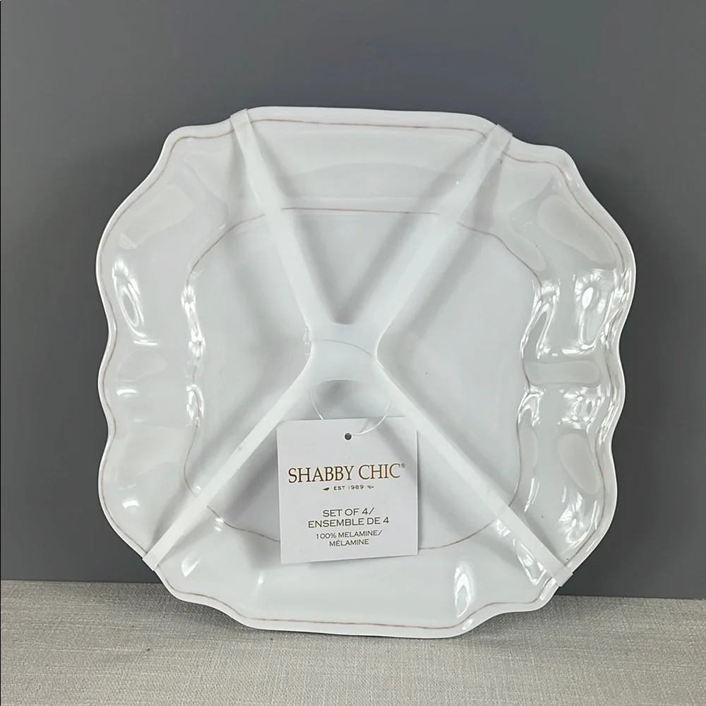 Shabby Chic Melamine Plates 8 pc Set 4 Dinner 4 Salad White Tan Edge NEW